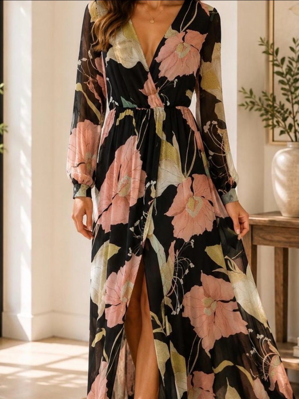 Lulus Black Maxi Dress with Pink and Cream Abstract Print